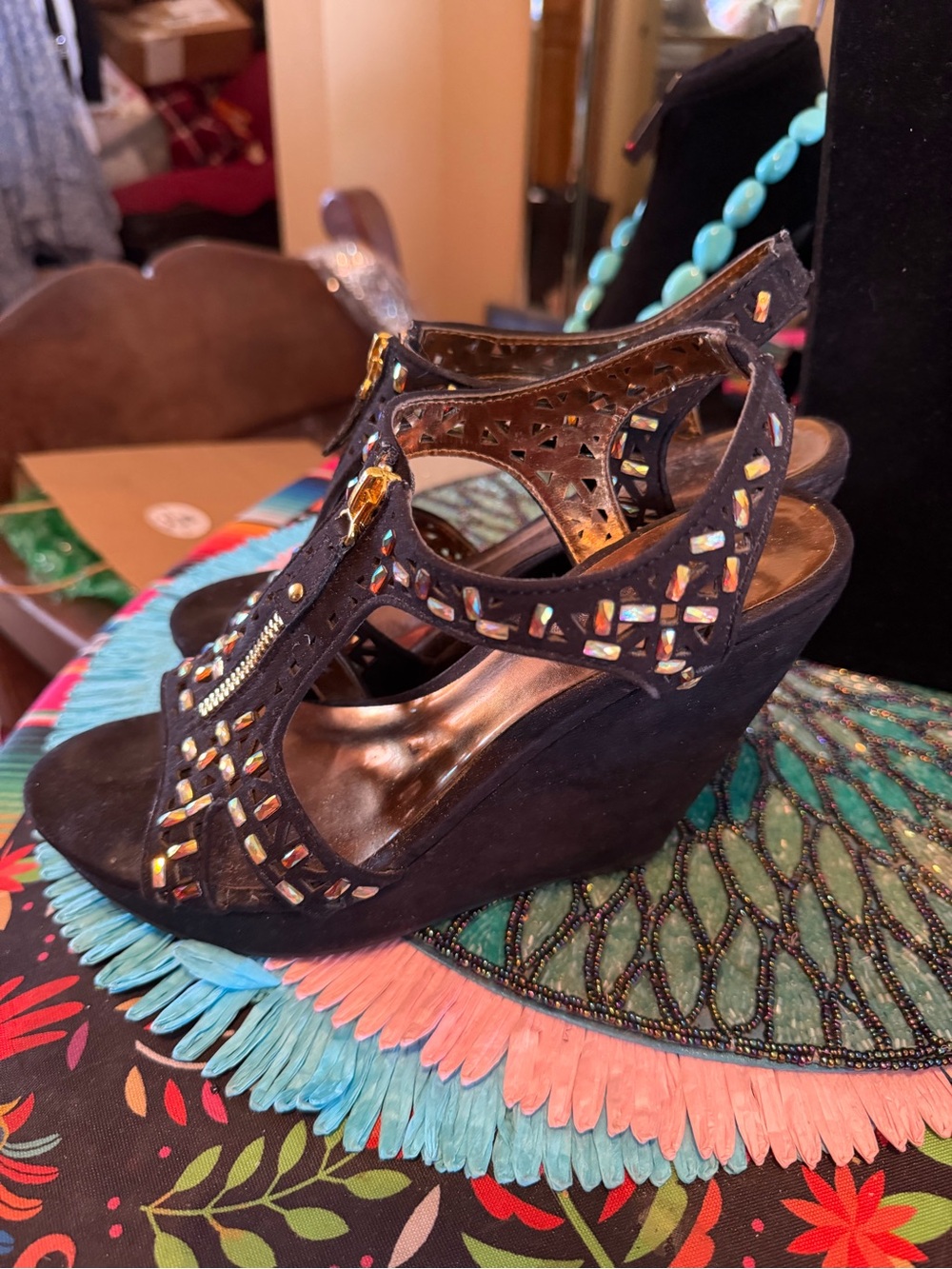 Suede Wedges with Rhinestones - Picture 2 of 5